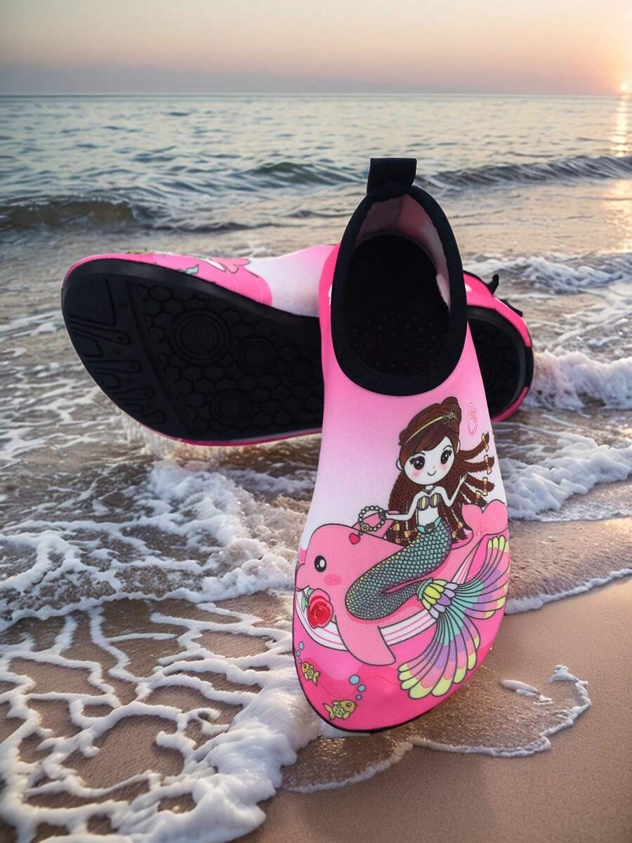 Multicolor kids slip-on water shoes with breathable Lycra upper and non-slip TPR outsole for boys and girls.