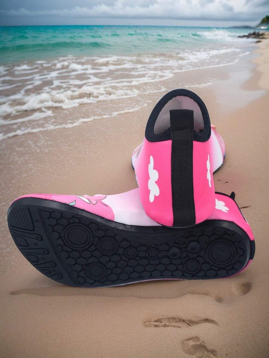 Multicolor kids slip-on water shoes with breathable Lycra upper and non-slip TPR outsole for boys and girls.