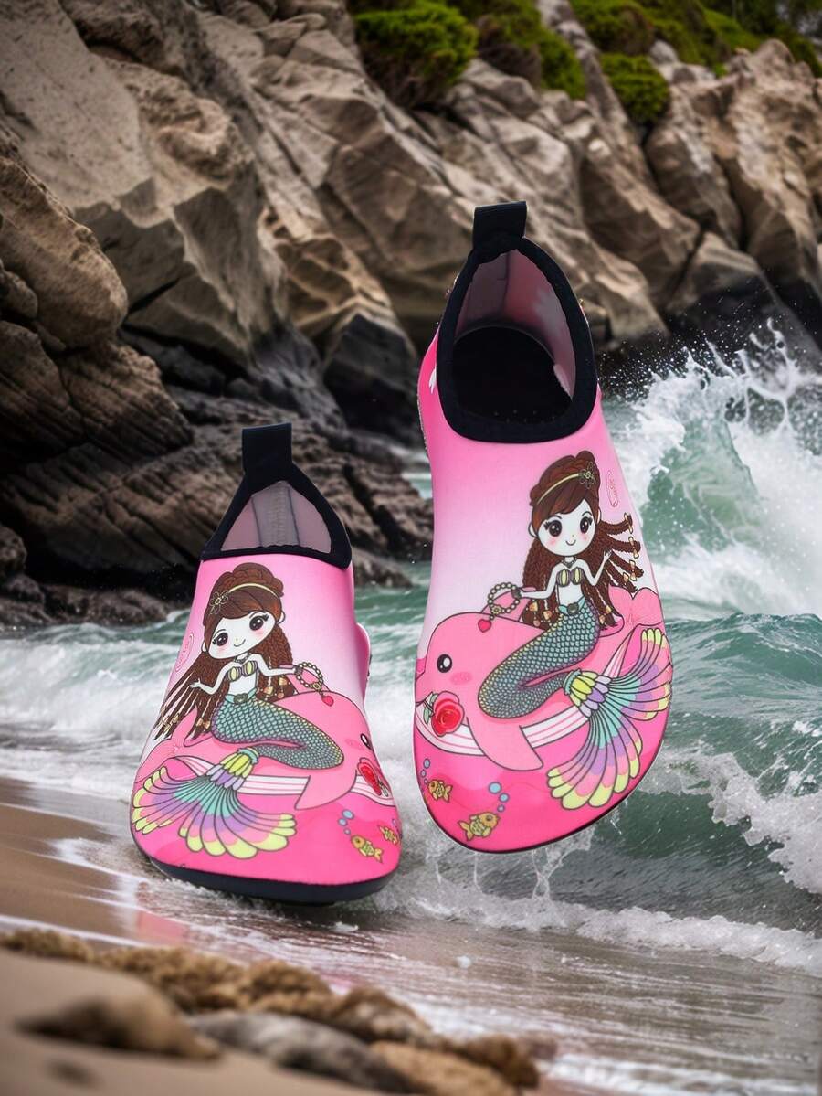 Multicolor kids slip-on water shoes with breathable Lycra upper and non-slip TPR outsole for boys and girls.