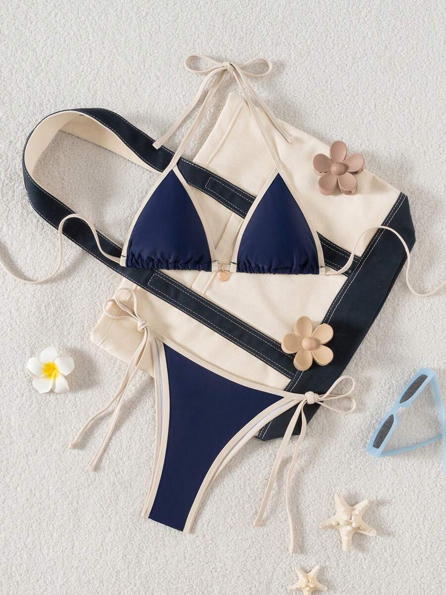 Women's high waist 2-piece triangle bikini set featuring colorblock trim, halter neckline, wireless bra with removable padding, and tie-side bottoms.
