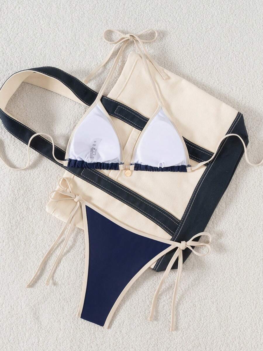 Women's high waist 2-piece triangle bikini set featuring colorblock trim, halter neckline, wireless bra with removable padding, and tie-side bottoms.