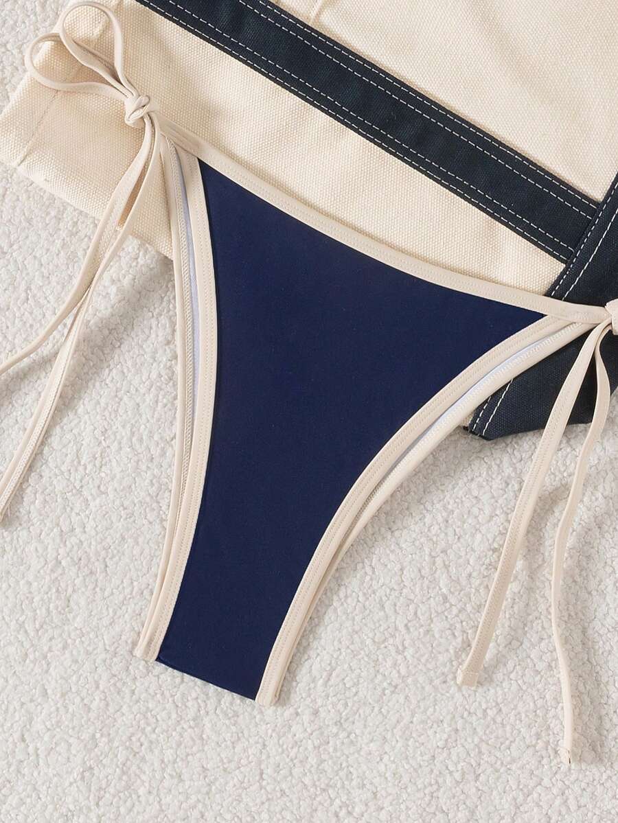 Women's high waist 2-piece triangle bikini set featuring colorblock trim, halter neckline, wireless bra with removable padding, and tie-side bottoms.