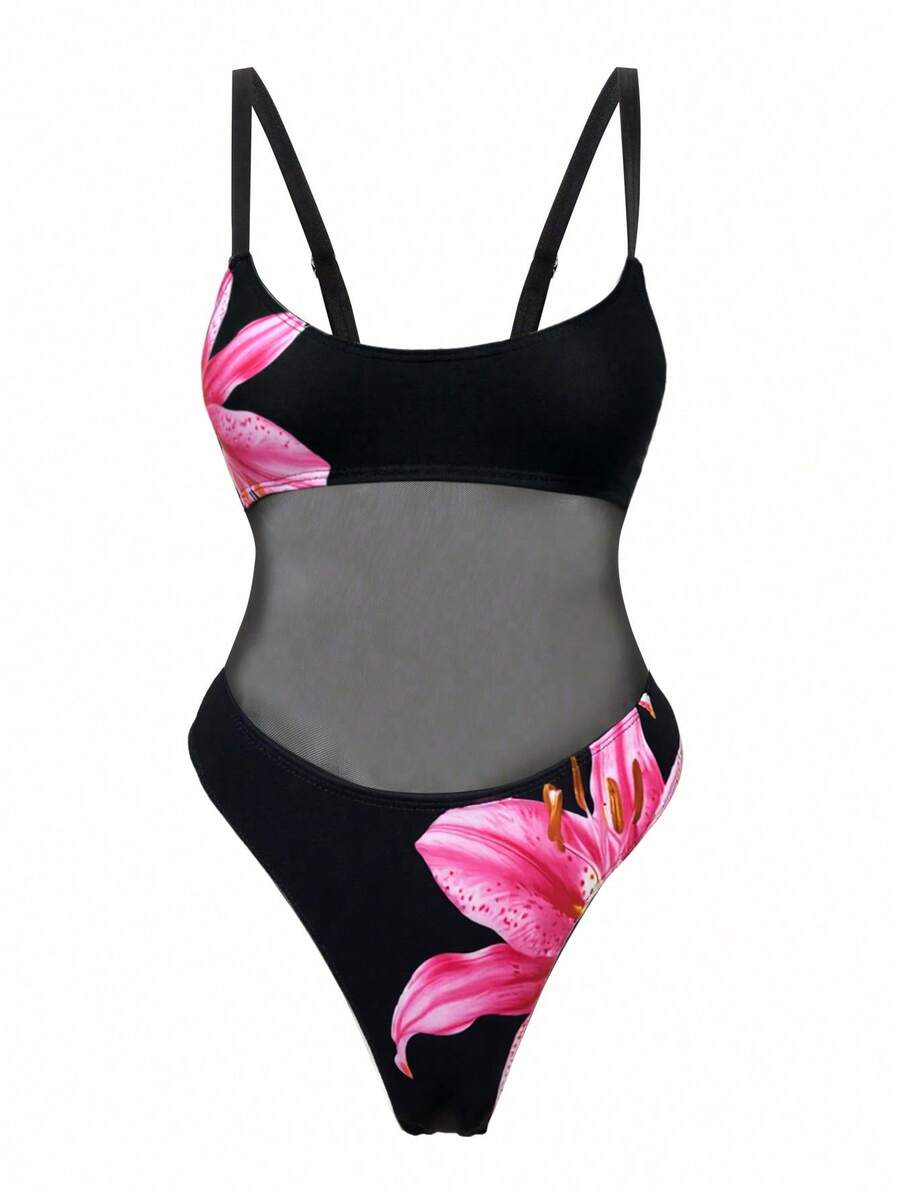Black floral print mesh patchwork one-piece swimsuit for women featuring spaghetti straps, V-wired triangle cups, and a high waist silhouette.