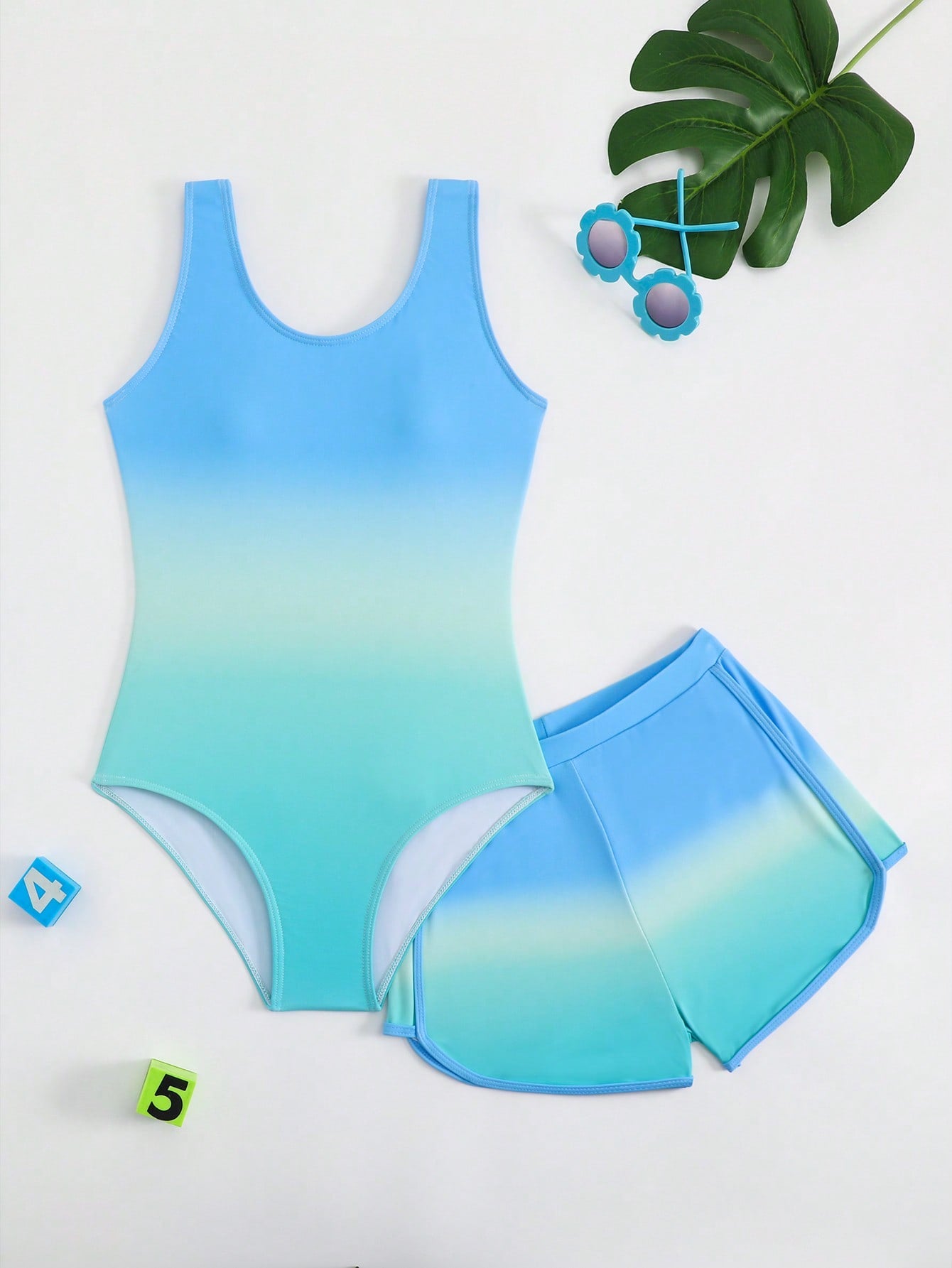 Cute Gradient Girls' One-Piece Swimsuit And Boy Shorts Two Pieces Set (Custom Print)
