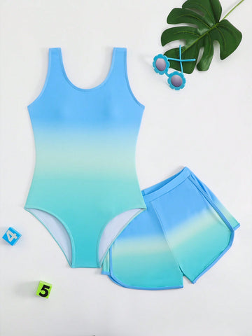 Cute Gradient Girls' One-Piece Swimsuit And Boy Shorts Two Pieces Set (Custom Print)