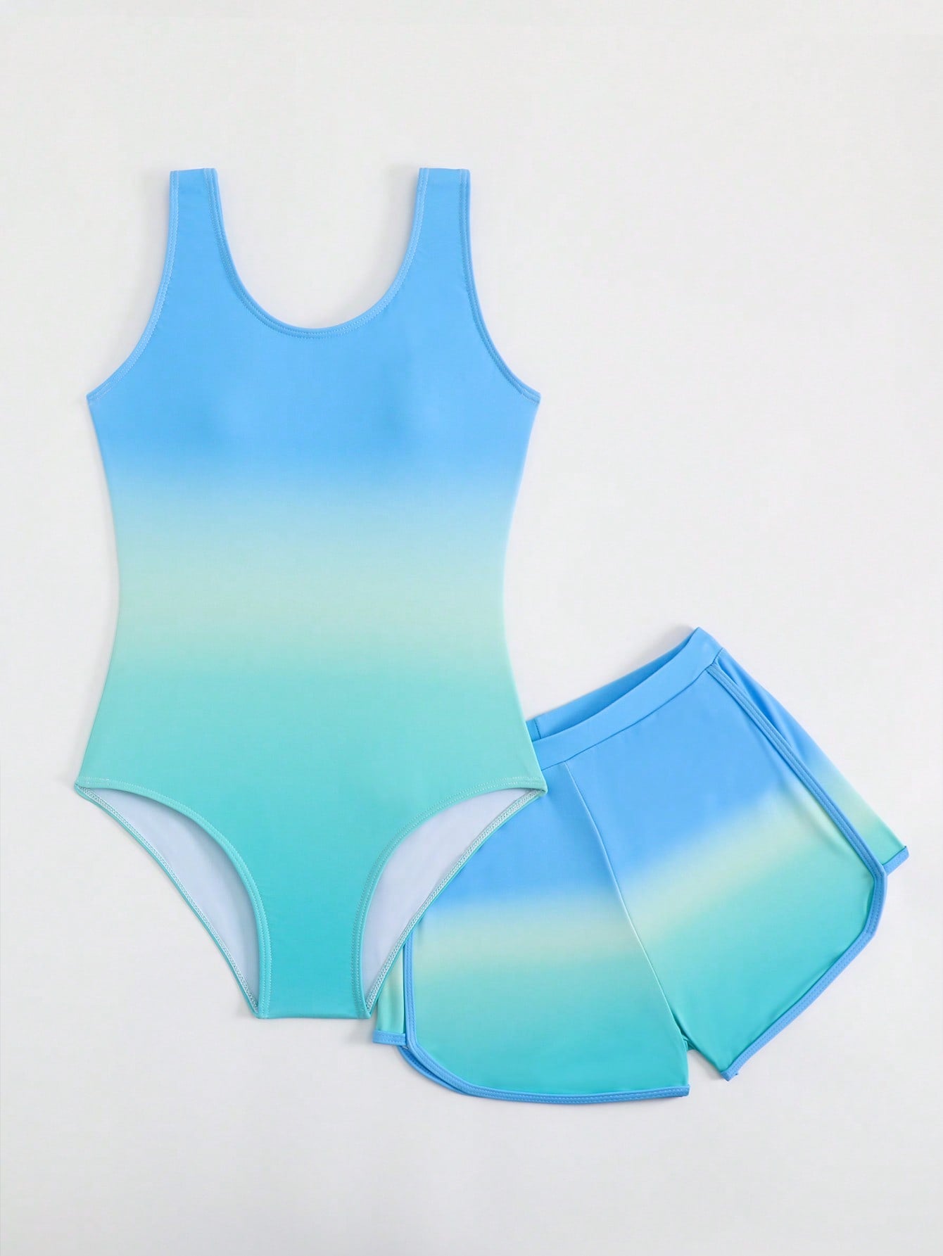 Cute Gradient Girls' One-Piece Swimsuit And Boy Shorts Two Pieces Set (Custom Print)