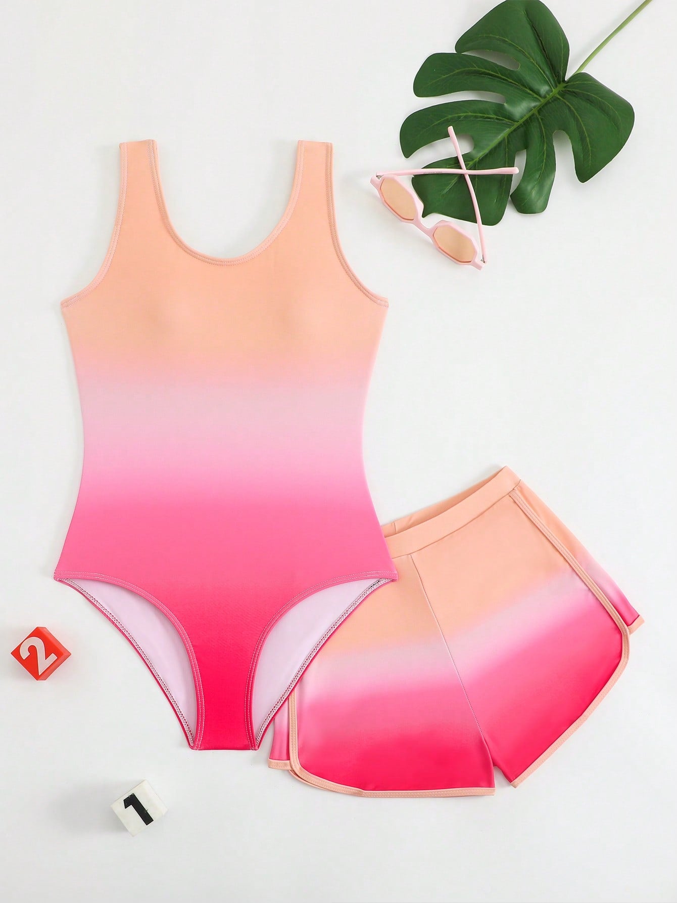 Cute Gradient Girls' One-Piece Swimsuit And Boy Shorts Two Pieces Set (Custom Print)