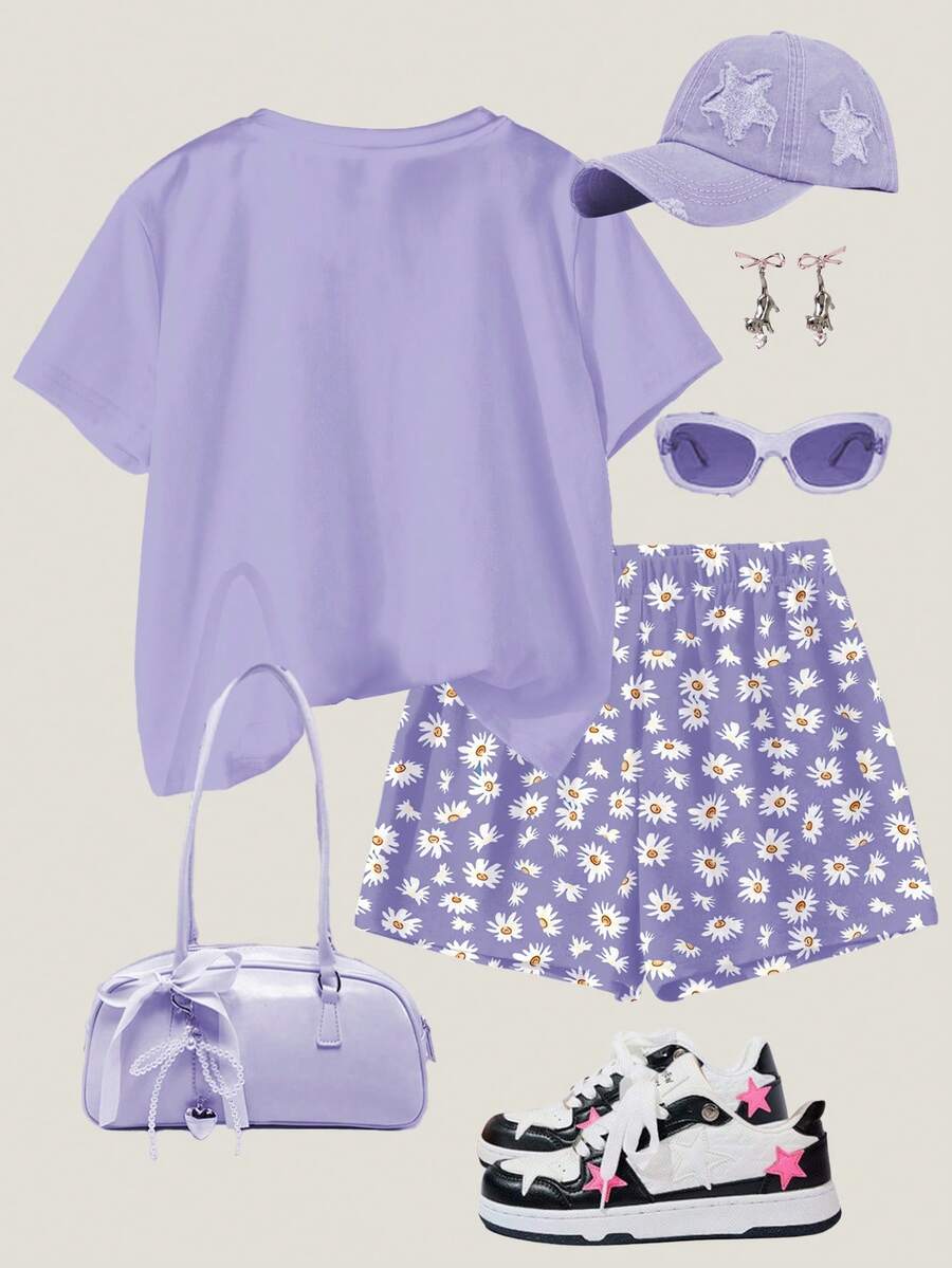 Tween girls 2-piece summer casual outfit featuring a multicolor seashell print short sleeve T-shirt with drop shoulders and matching loose fit shorts with pockets.