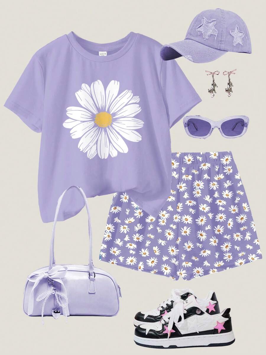 Tween girls 2-piece summer casual outfit featuring a multicolor seashell print short sleeve T-shirt with drop shoulders and matching loose fit shorts with pockets.