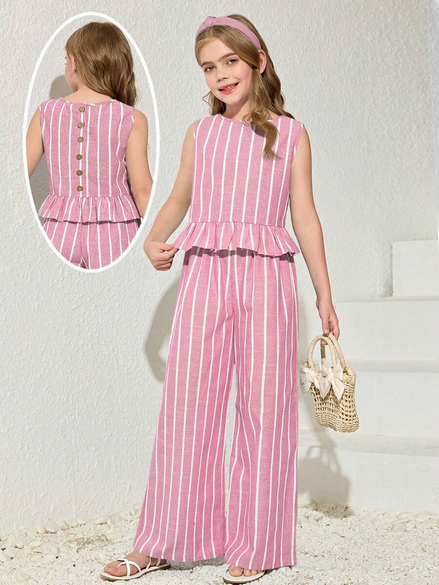 Tween girls blue striped sleeveless short top with button and ruffle details paired with matching long straight leg pants.