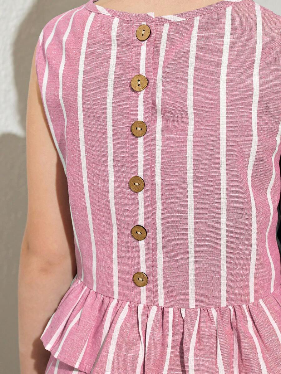 Tween girls blue striped sleeveless short top with button and ruffle details paired with matching long straight leg pants.