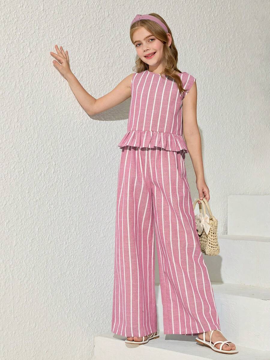 Tween girls blue striped sleeveless short top with button and ruffle details paired with matching long straight leg pants.