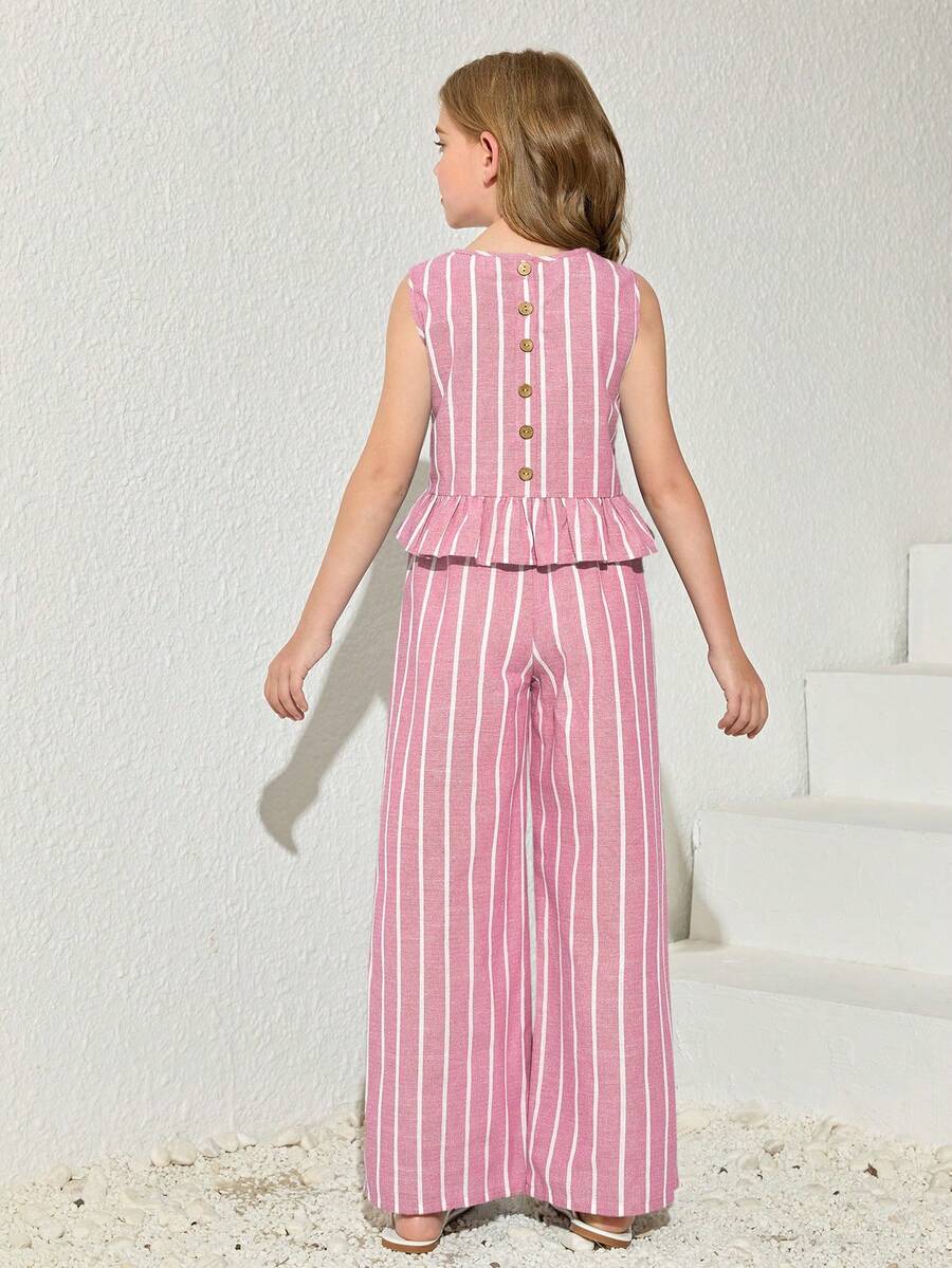 Tween girls blue striped sleeveless short top with button and ruffle details paired with matching long straight leg pants.