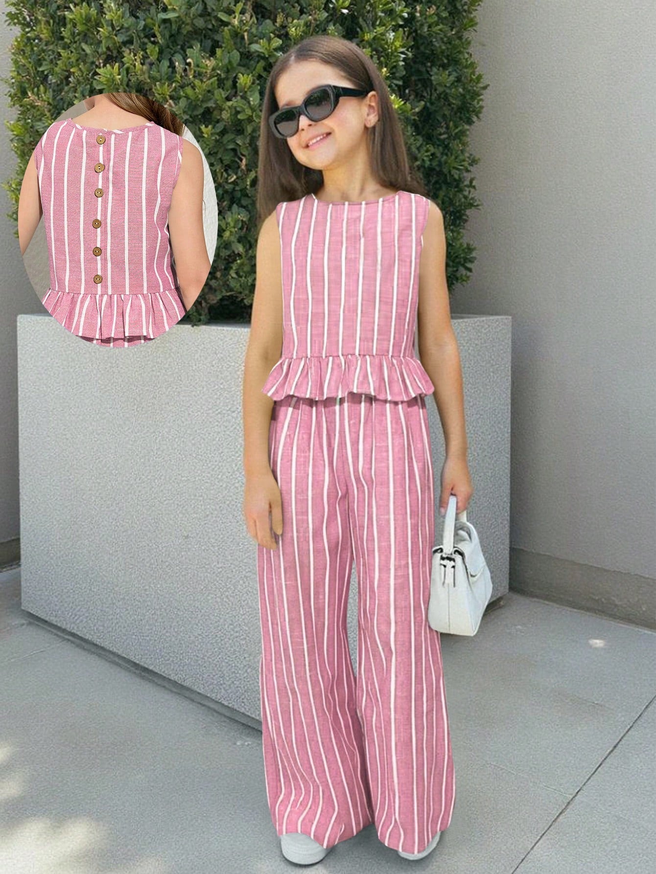 Tween girls blue striped sleeveless short top with button and ruffle details paired with matching long straight leg pants.