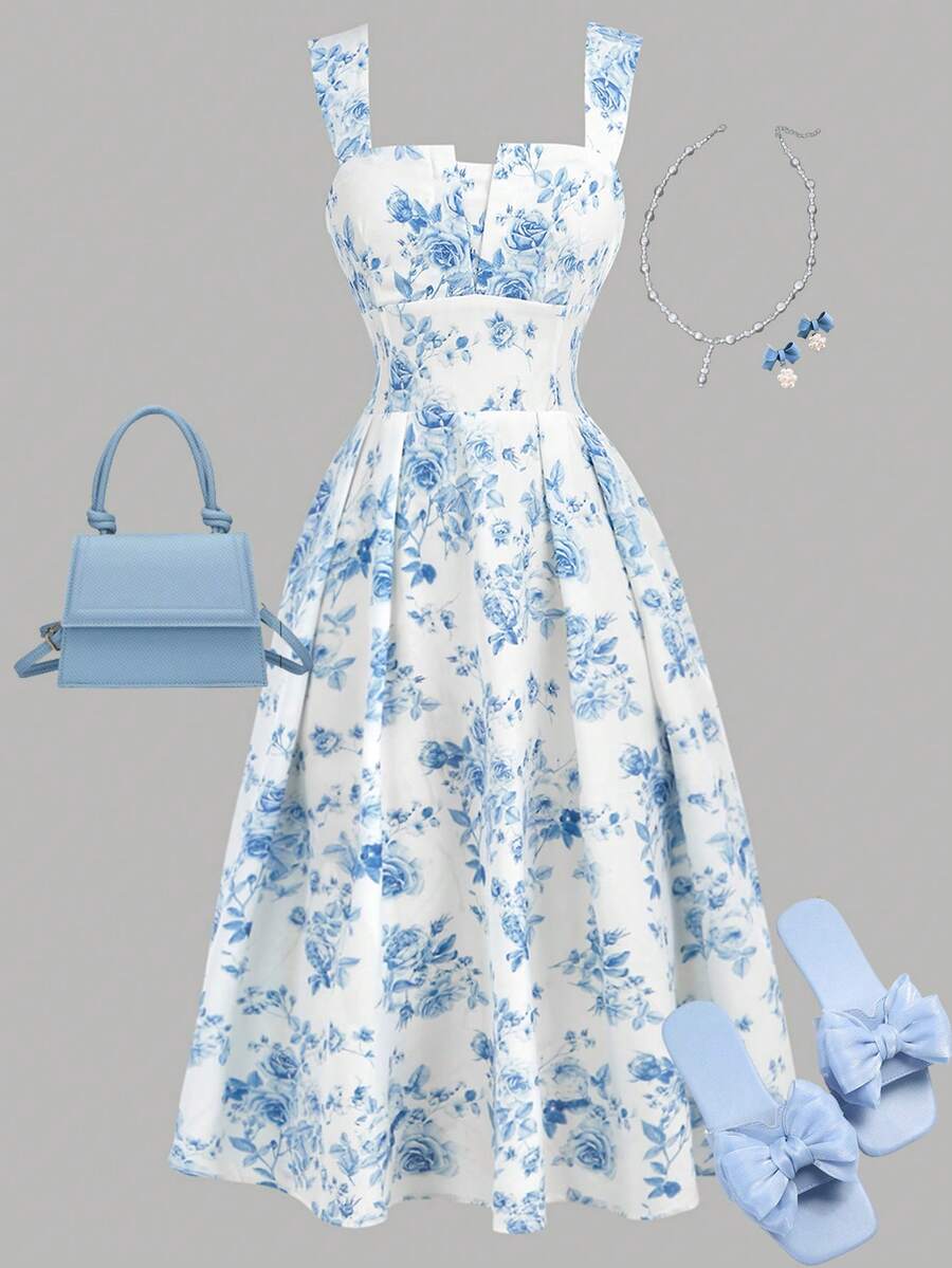 Tween girl apricot floral print midi dress with ruffle shoulder straps, shirred detail, and high waist A-line fit.