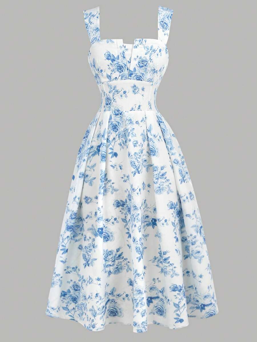 Tween girl apricot floral print midi dress with ruffle shoulder straps, shirred detail, and high waist A-line fit.