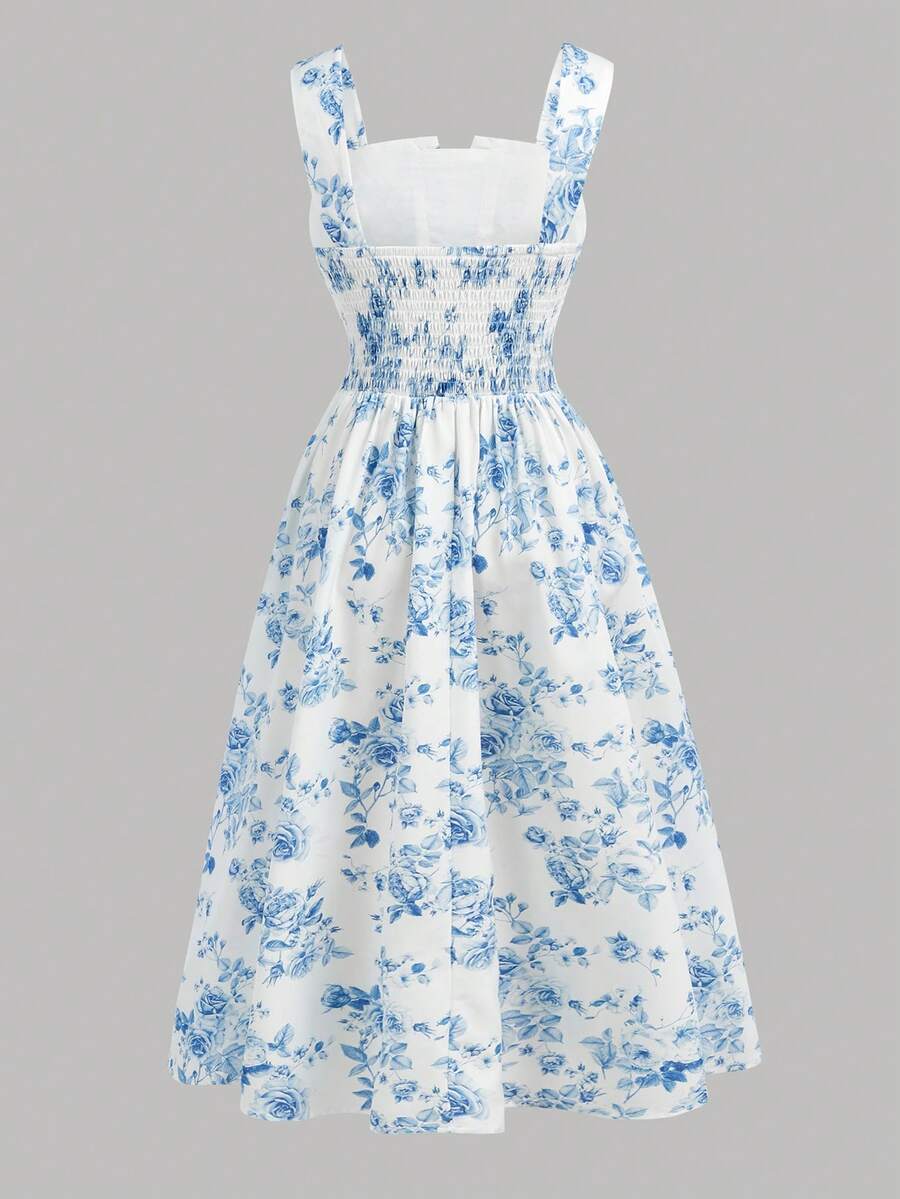 Tween girl apricot floral print midi dress with ruffle shoulder straps, shirred detail, and high waist A-line fit.