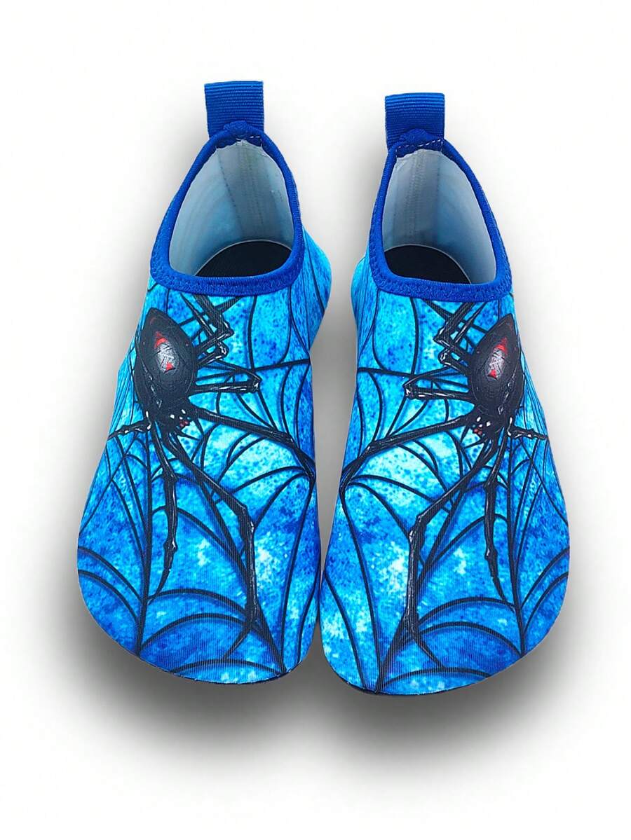 Boys red slip-on water shoes with spider pattern, breathable fabric upper, contrast binding details, and soft TPR outsole.