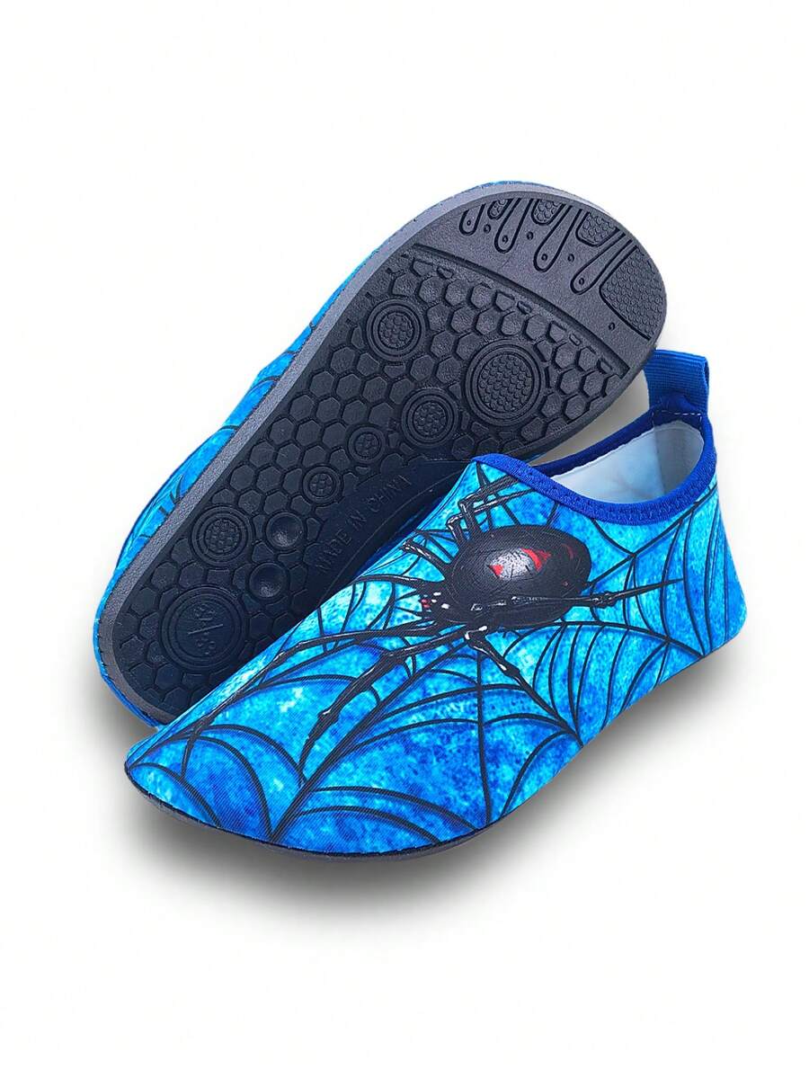 Boys red slip-on water shoes with spider pattern, breathable fabric upper, contrast binding details, and soft TPR outsole.