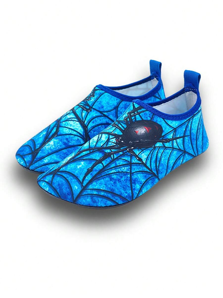 Boys red slip-on water shoes with spider pattern, breathable fabric upper, contrast binding details, and soft TPR outsole.