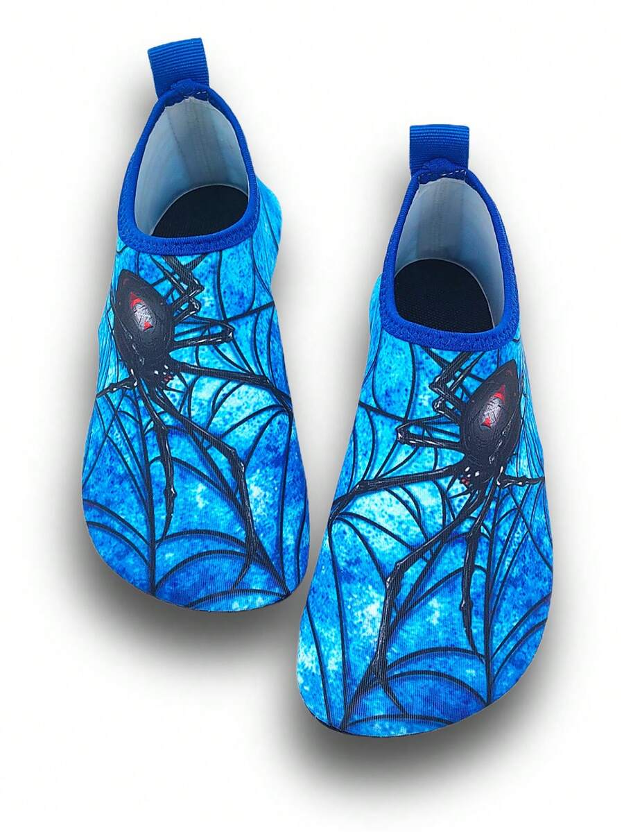 Boys red slip-on water shoes with spider pattern, breathable fabric upper, contrast binding details, and soft TPR outsole.