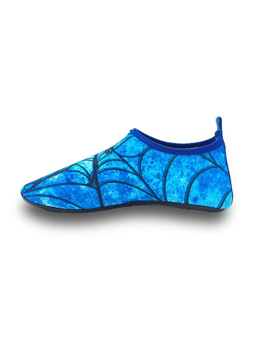Boys red slip-on water shoes with spider pattern, breathable fabric upper, contrast binding details, and soft TPR outsole.