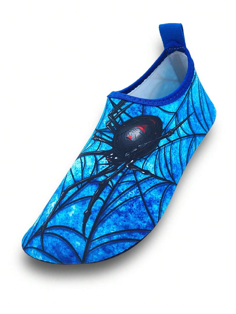 Boys red slip-on water shoes with spider pattern, breathable fabric upper, contrast binding details, and soft TPR outsole.