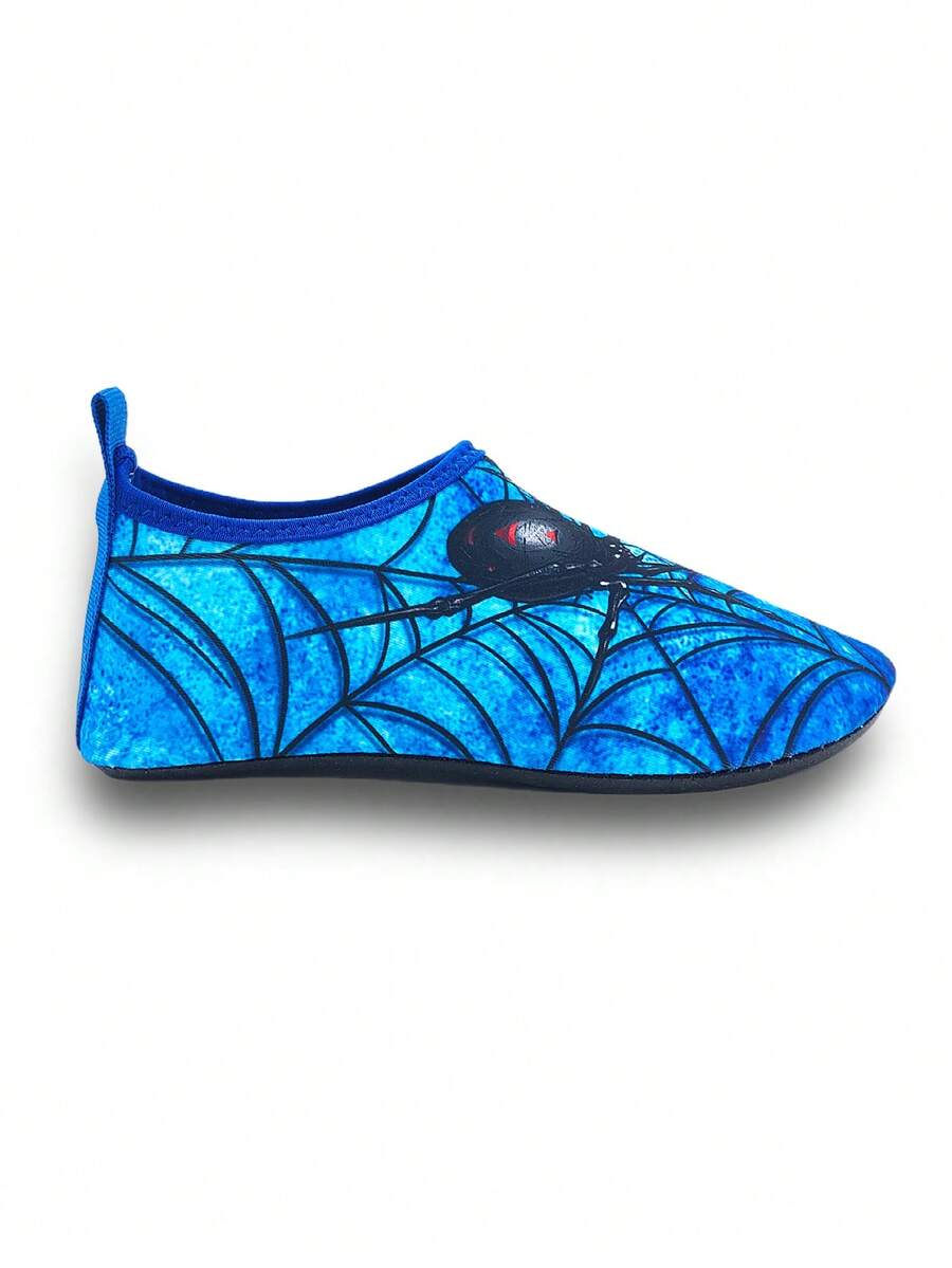 Boys red slip-on water shoes with spider pattern, breathable fabric upper, contrast binding details, and soft TPR outsole.