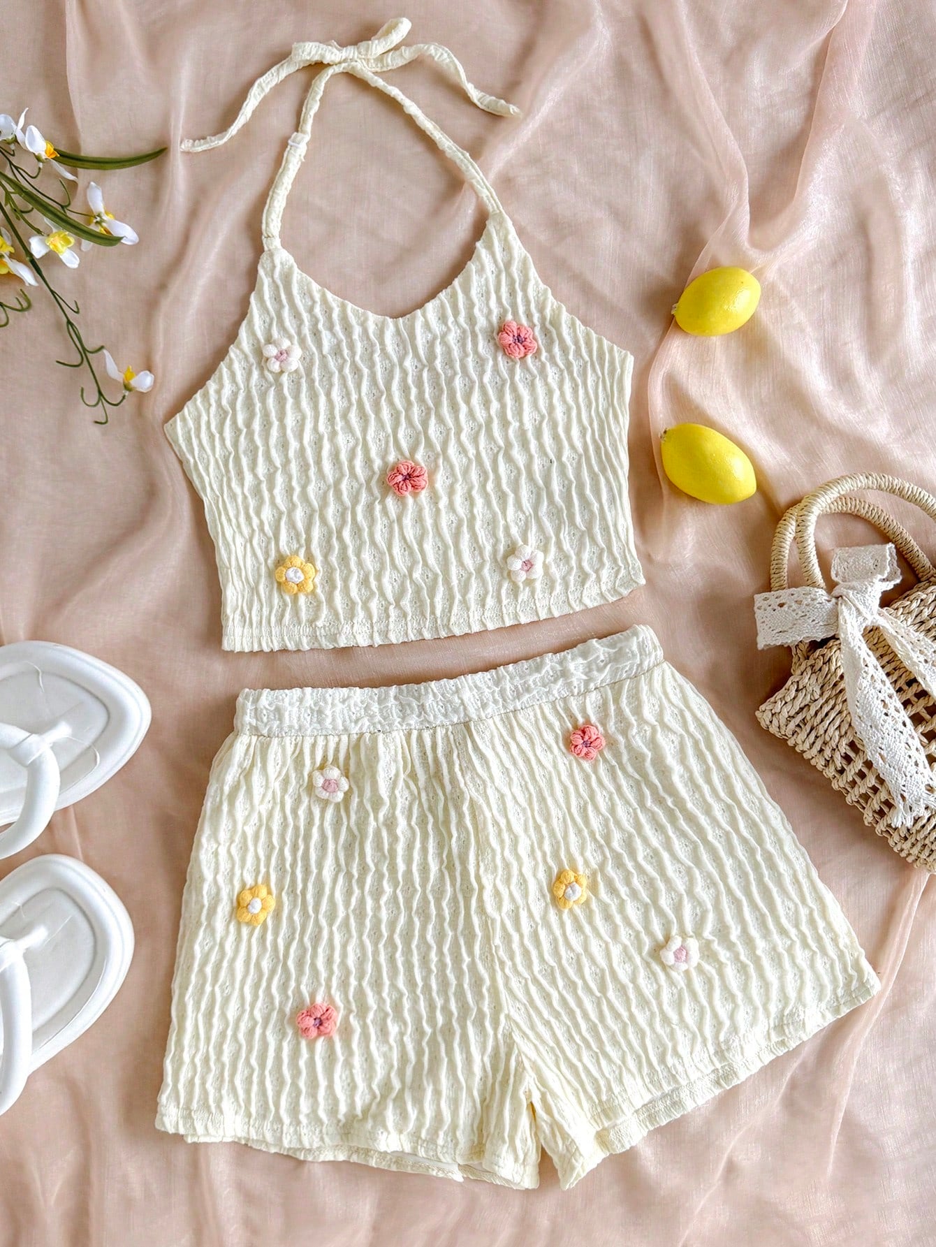 Tween girls apricot knitted texture halter top and elastic waistband shorts set.