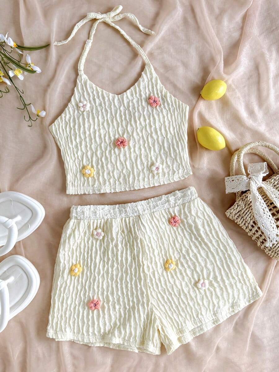 Tween girls apricot knitted texture halter top and elastic waistband shorts set.