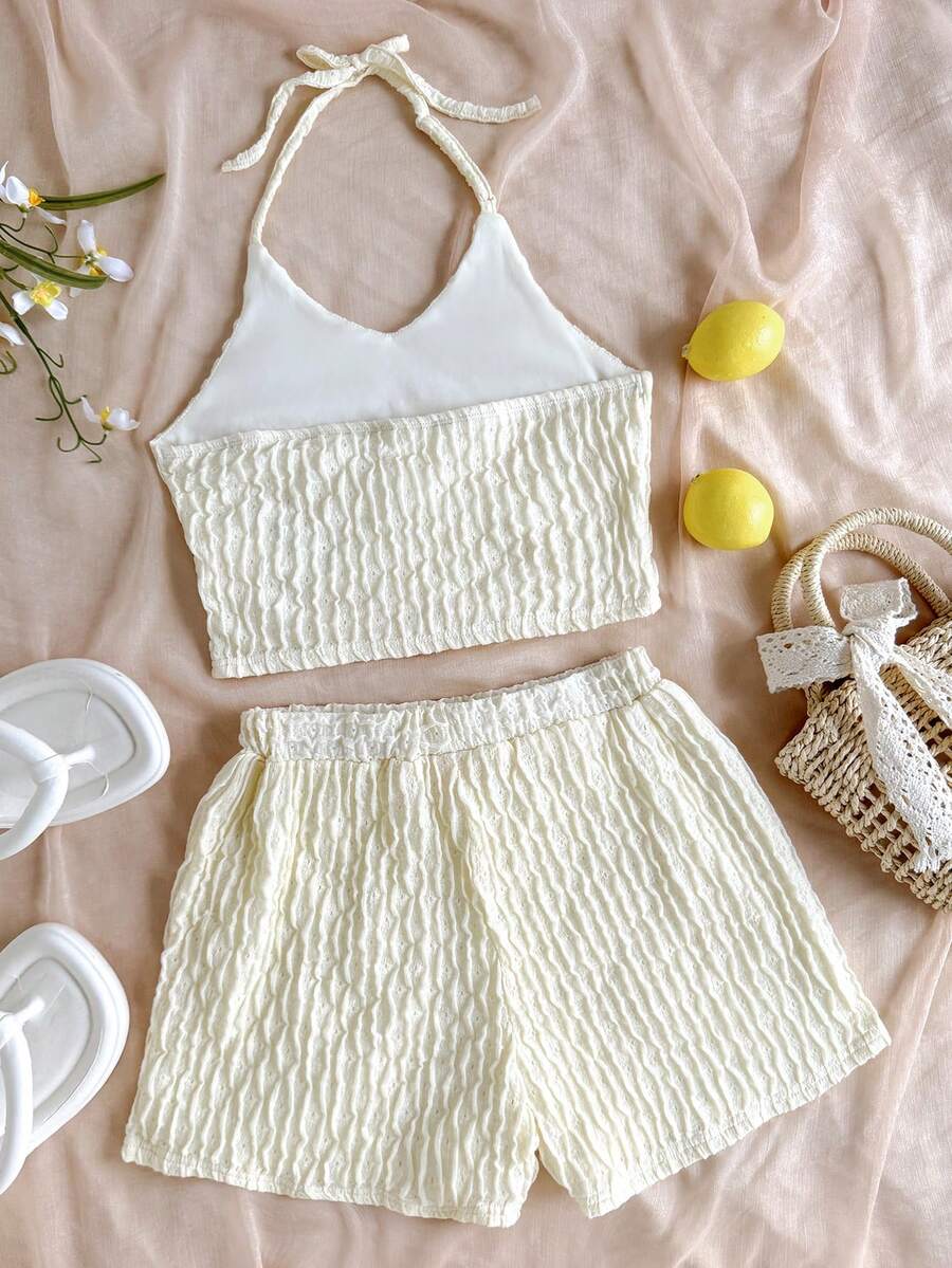 Tween girls apricot knitted texture halter top and elastic waistband shorts set.