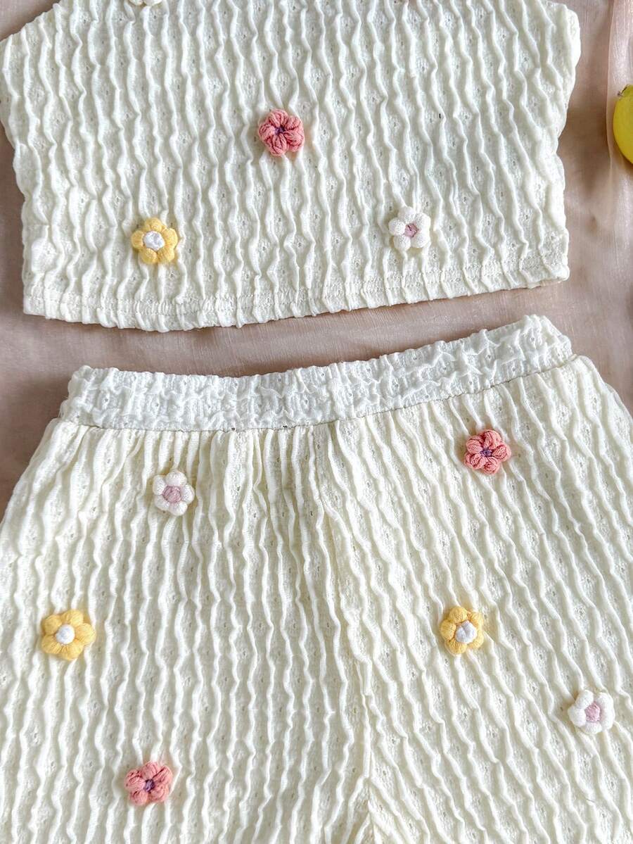Tween girls apricot knitted texture halter top and elastic waistband shorts set.