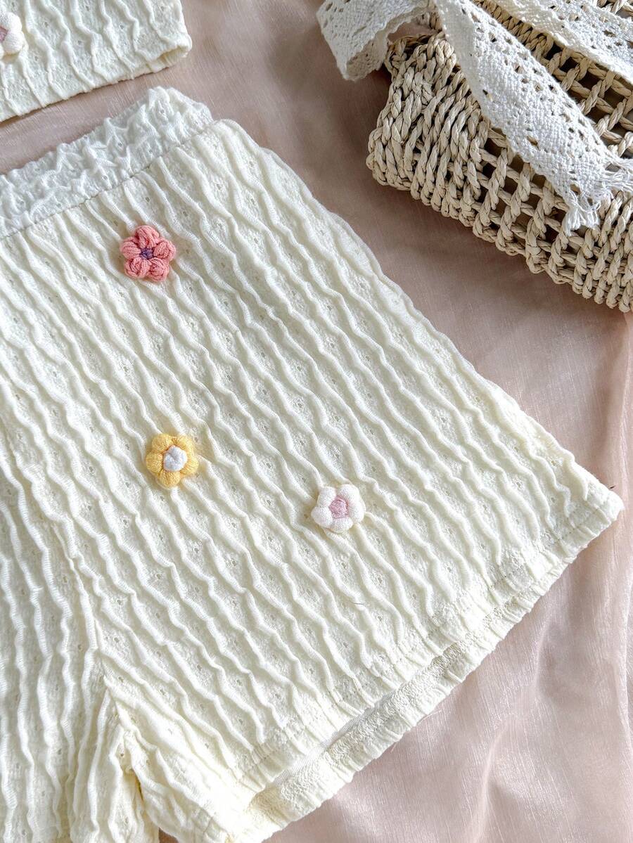 Tween girls apricot knitted texture halter top and elastic waistband shorts set.