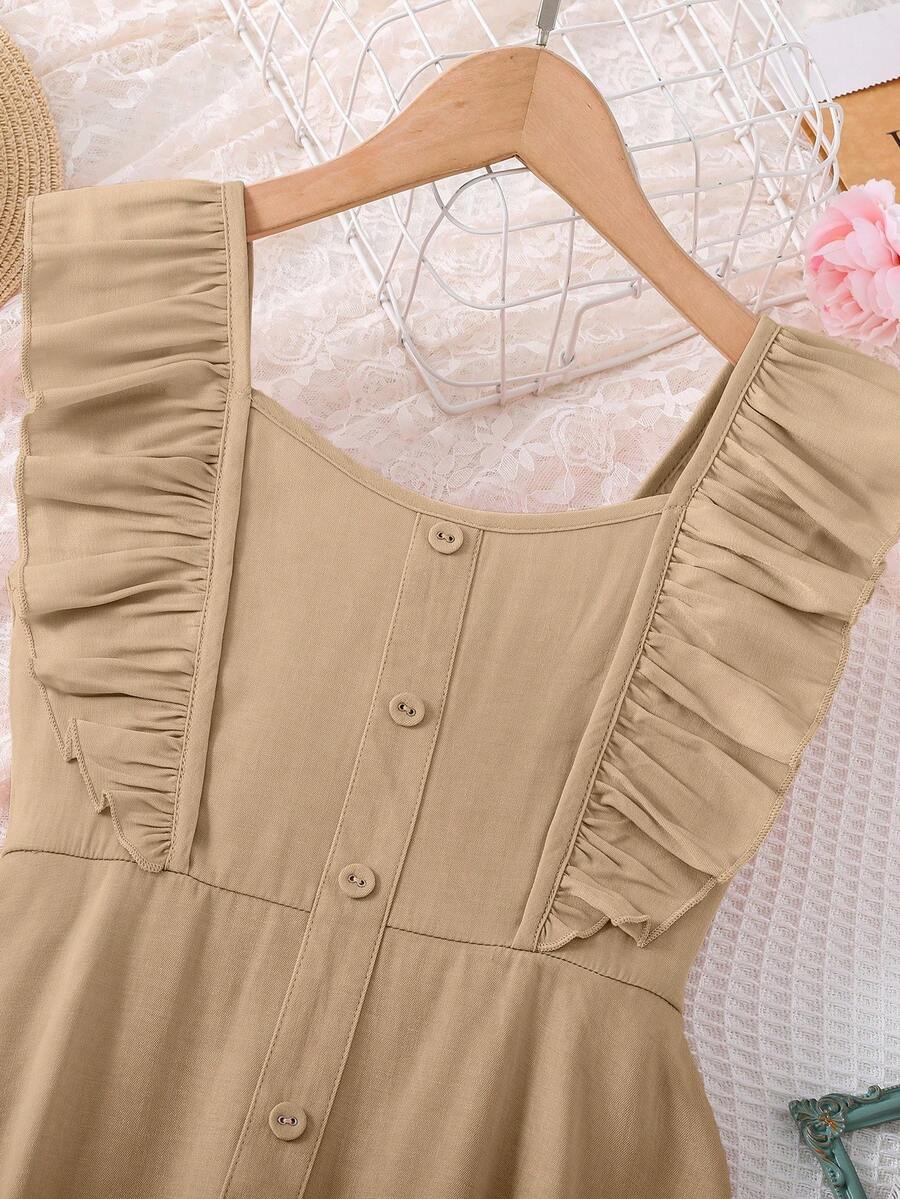 Vintaside tween girls sleeveless blue A-line dress featuring ruffle trim, square neckline, button front, and shirred back.