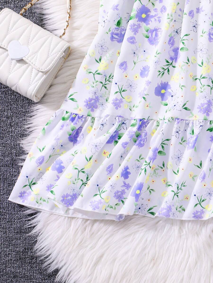 Tween girls black and white geometric short sleeve midi dress with square neck and bow front decor