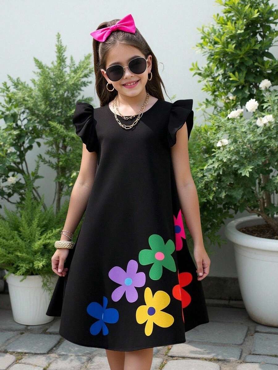 Tween girls sleeveless tropical floral mini dress in black with round neck and ruffle hem detail