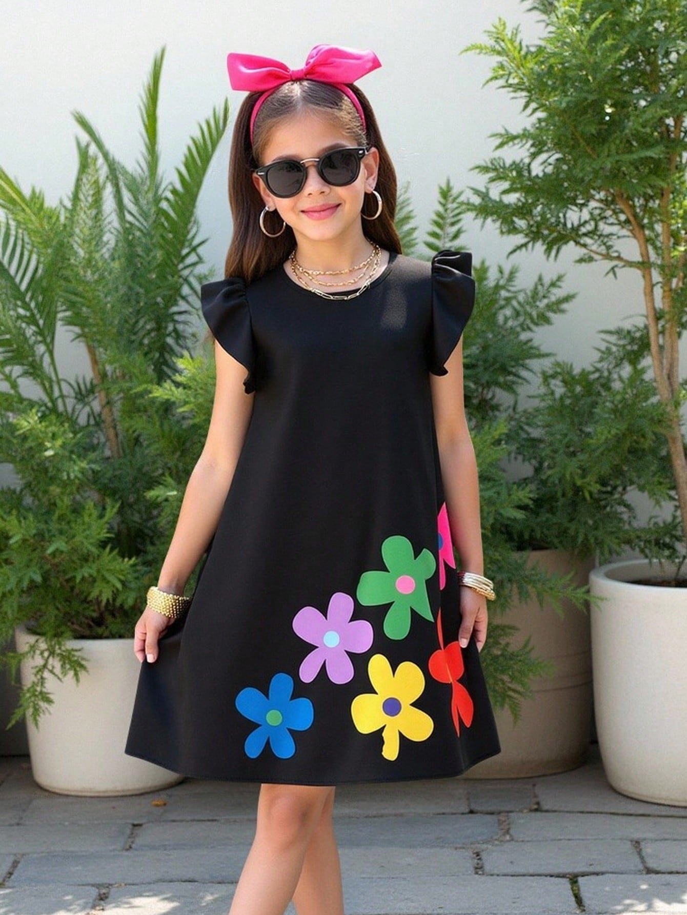 Tween girls sleeveless tropical floral mini dress in black with round neck and ruffle hem detail