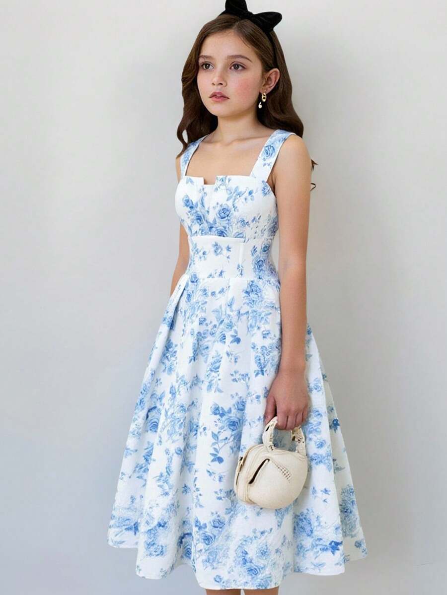 Tween girl apricot floral print midi dress with ruffle shoulder straps, shirred detail, and high waist A-line fit.