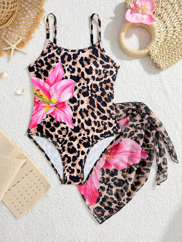 Tween girls baby pink multicolor floral print spaghetti strap one-piece swimsuit with matching ruffle skirt for swimming and summer vacation