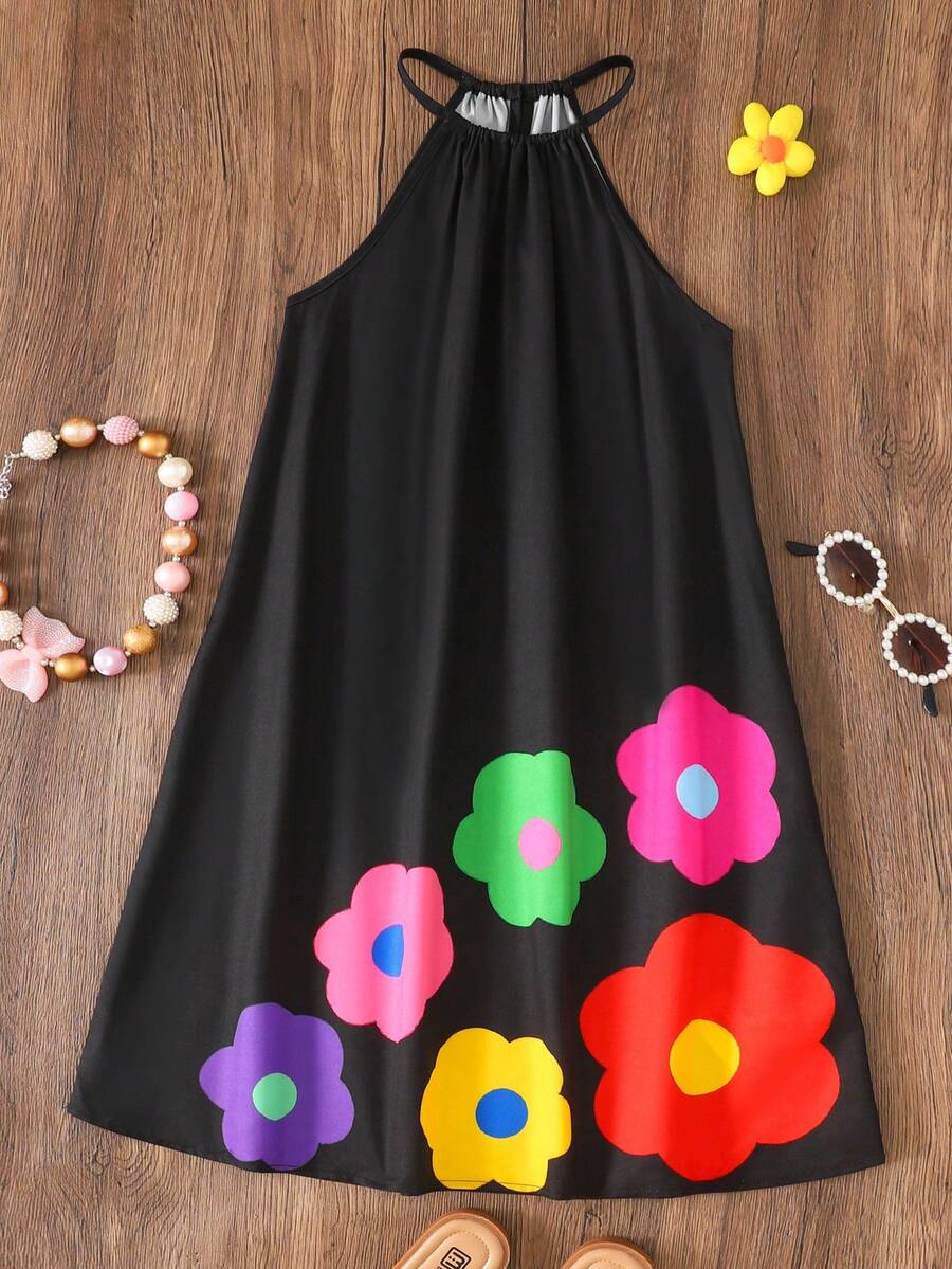 Tween girls floral halter A-line dress with contrast lace, applique and fringe details, sleeveless short length in polyester