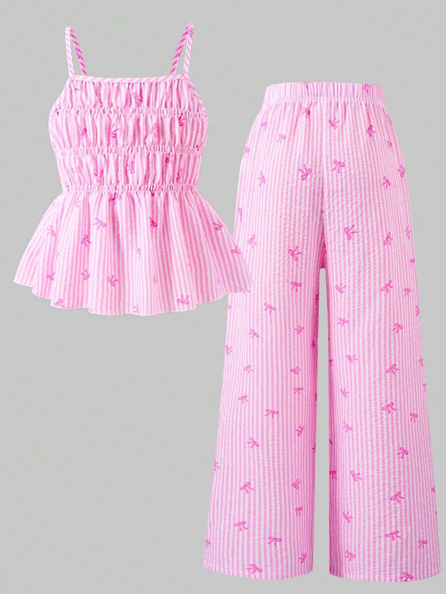 Girls 2-piece summer outfit set featuring a blue bow print camisole top with spaghetti straps and matching high-waisted straight leg pants.