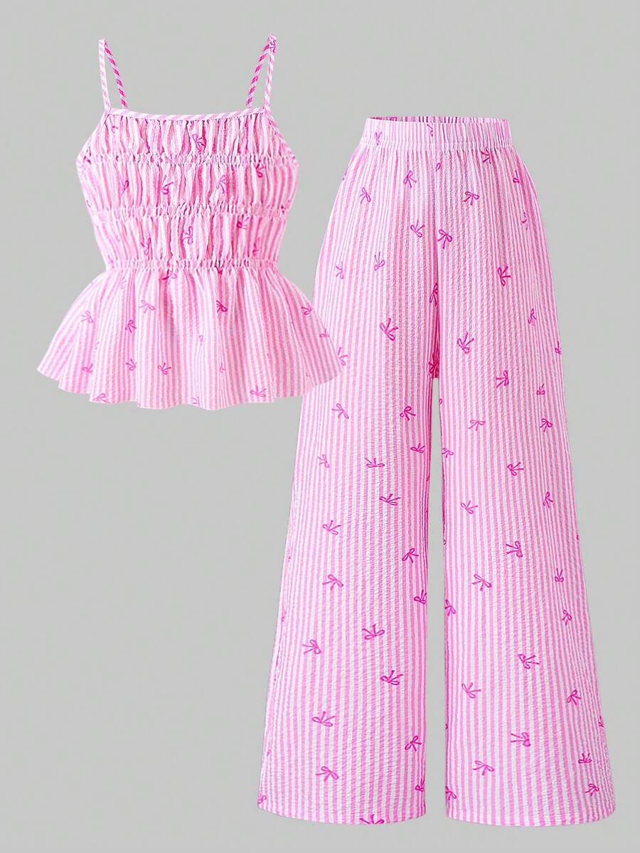 Girls 2-piece summer outfit set featuring a blue bow print camisole top with spaghetti straps and matching high-waisted straight leg pants.