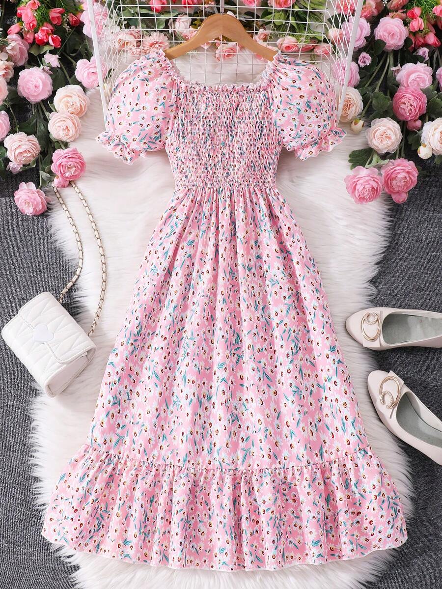 Tween girls black and white geometric short sleeve midi dress with square neck and bow front decor