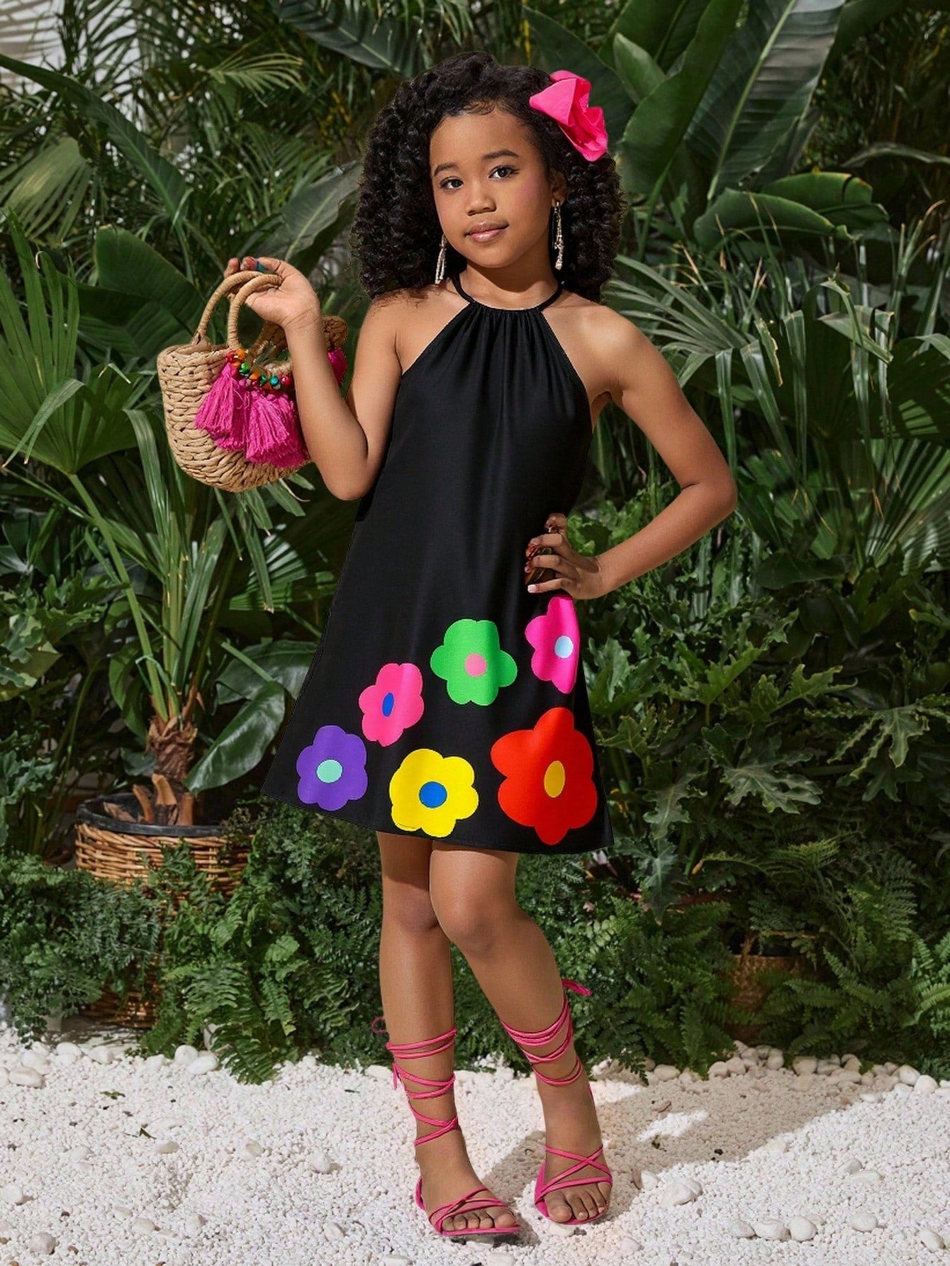Tween girls floral halter A-line dress with contrast lace, applique and fringe details, sleeveless short length in polyester