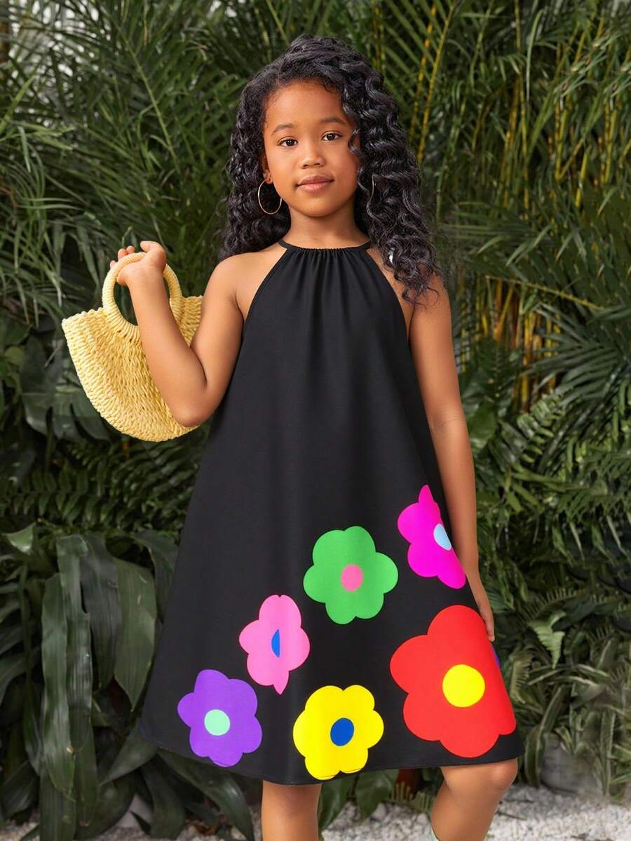 Tween girls floral halter A-line dress with contrast lace, applique and fringe details, sleeveless short length in polyester