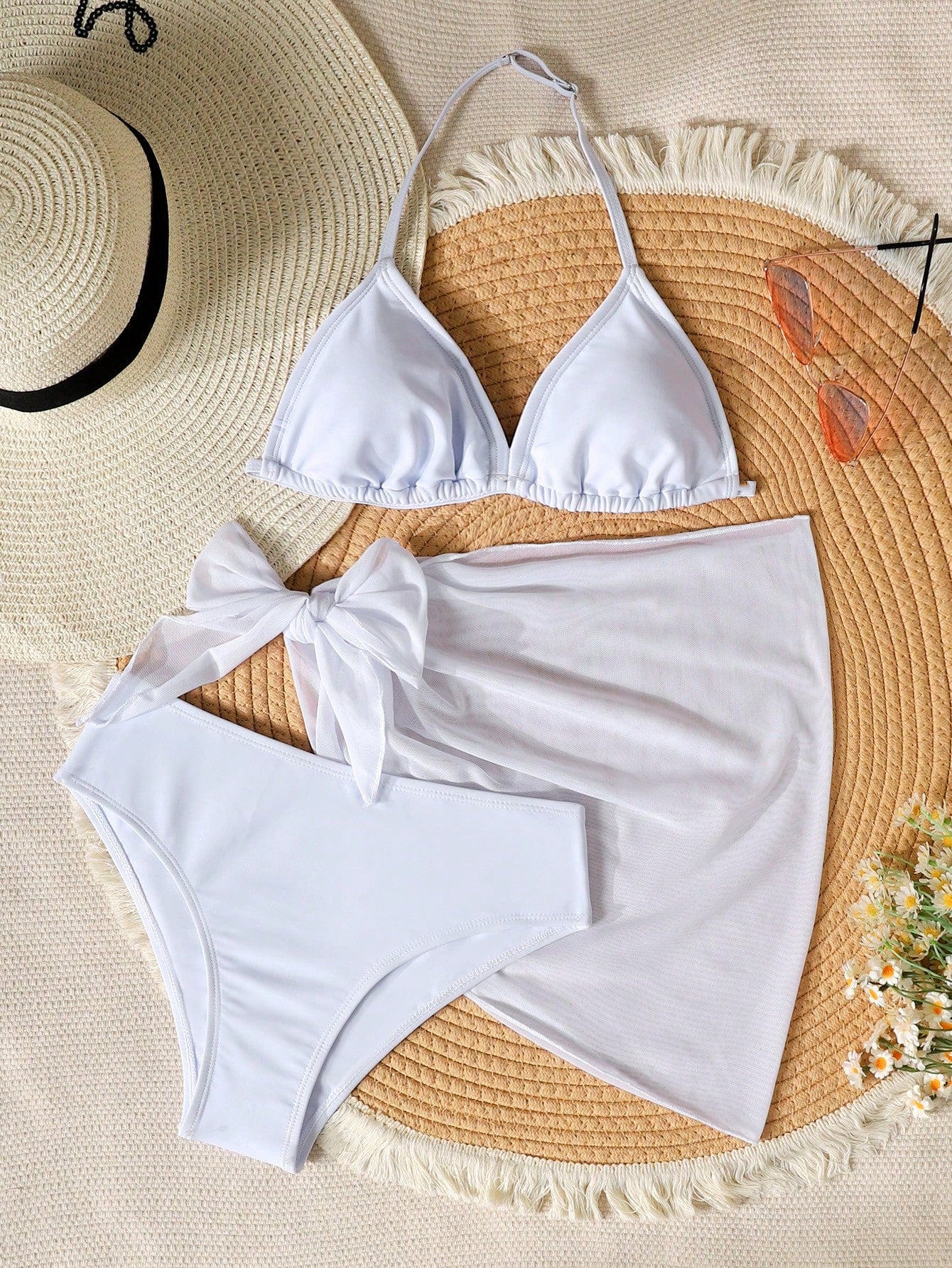 3pcs/Set Girl Orange Shell Print Swimwear Top&Bottoms,Beach Vacation Style Tropical Three Pieces Set Summer Swimwears For Tween Sets