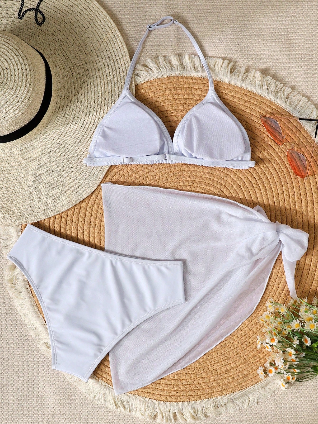 3pcs/Set Girl Orange Shell Print Swimwear Top&Bottoms,Beach Vacation Style Tropical Three Pieces Set Summer Swimwears For Tween Sets