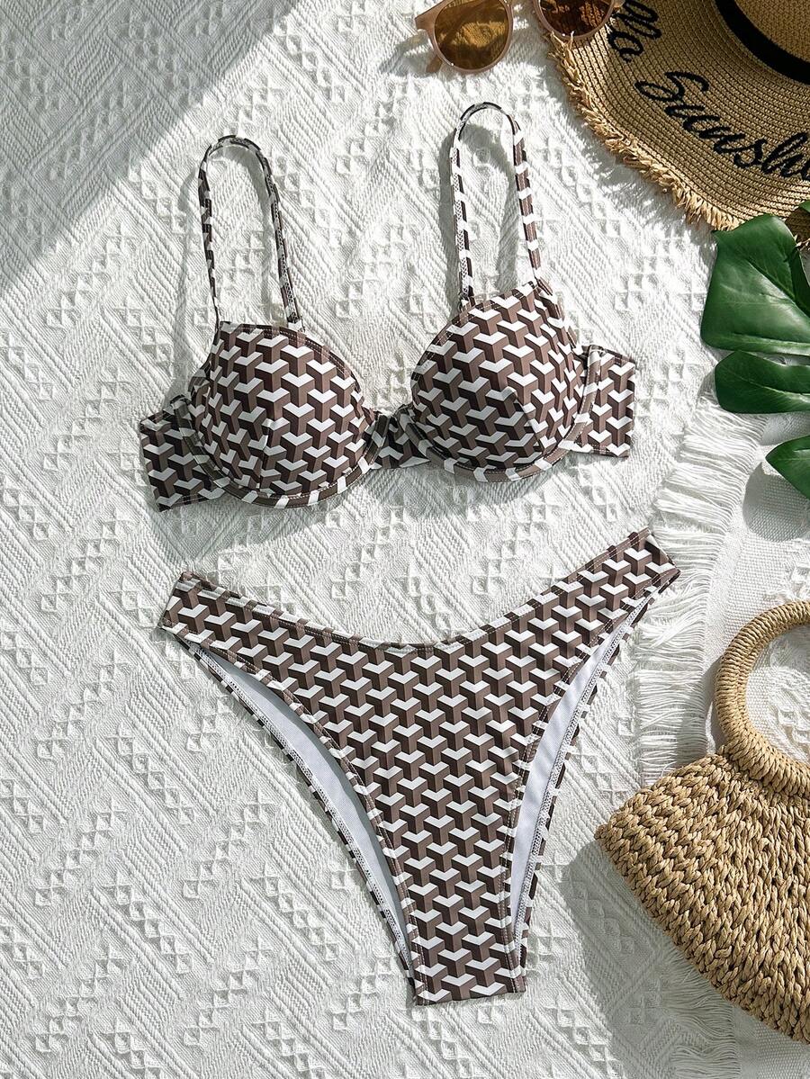 Multicolor plaid 2-piece bikini set for women featuring a push-up spaghetti strap top with removable padding, knot tie-back detail, and high-cut low-waist bikini bottoms.