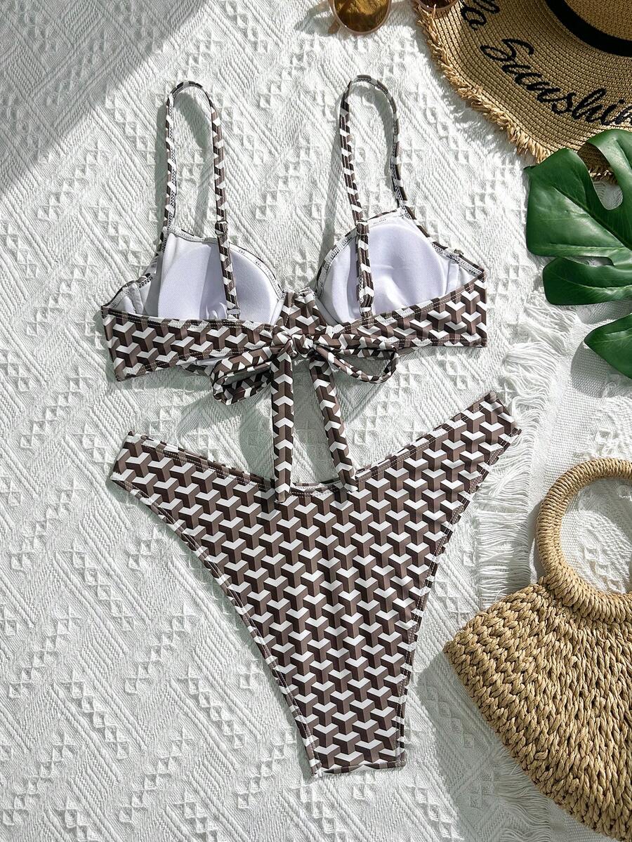 Multicolor plaid 2-piece bikini set for women featuring a push-up spaghetti strap top with removable padding, knot tie-back detail, and high-cut low-waist bikini bottoms.