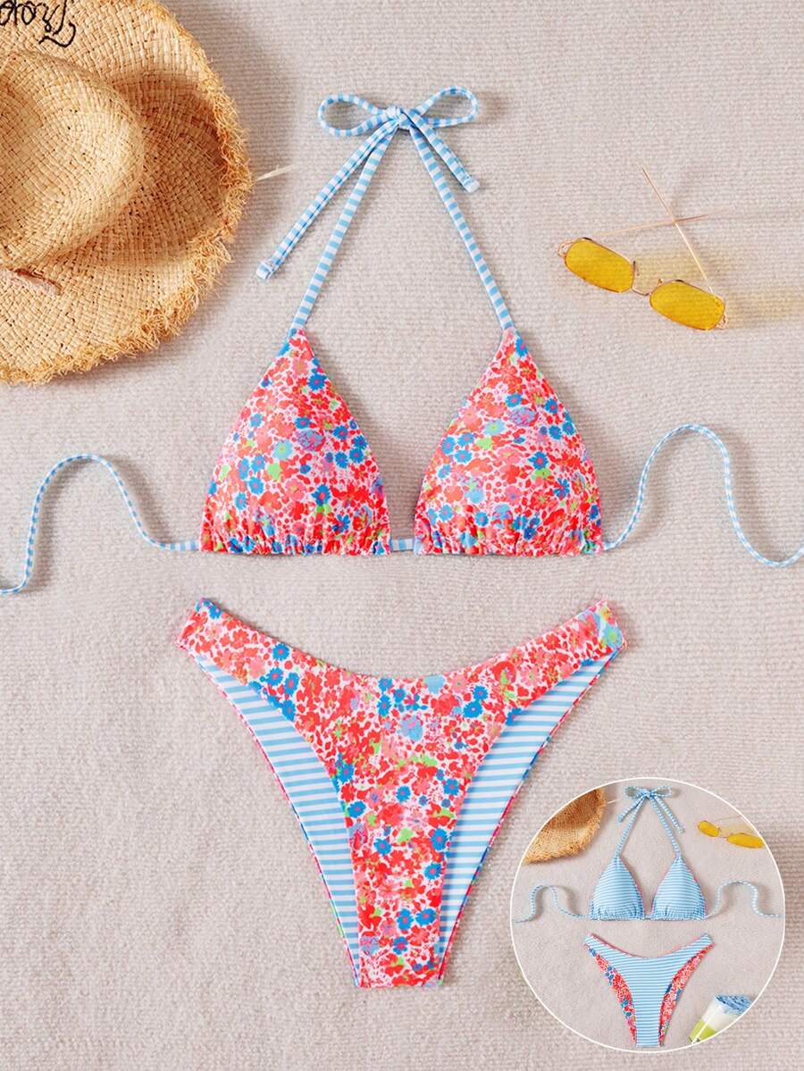 Women's two-piece halter bikini set featuring high cut thong bottoms and removable padding